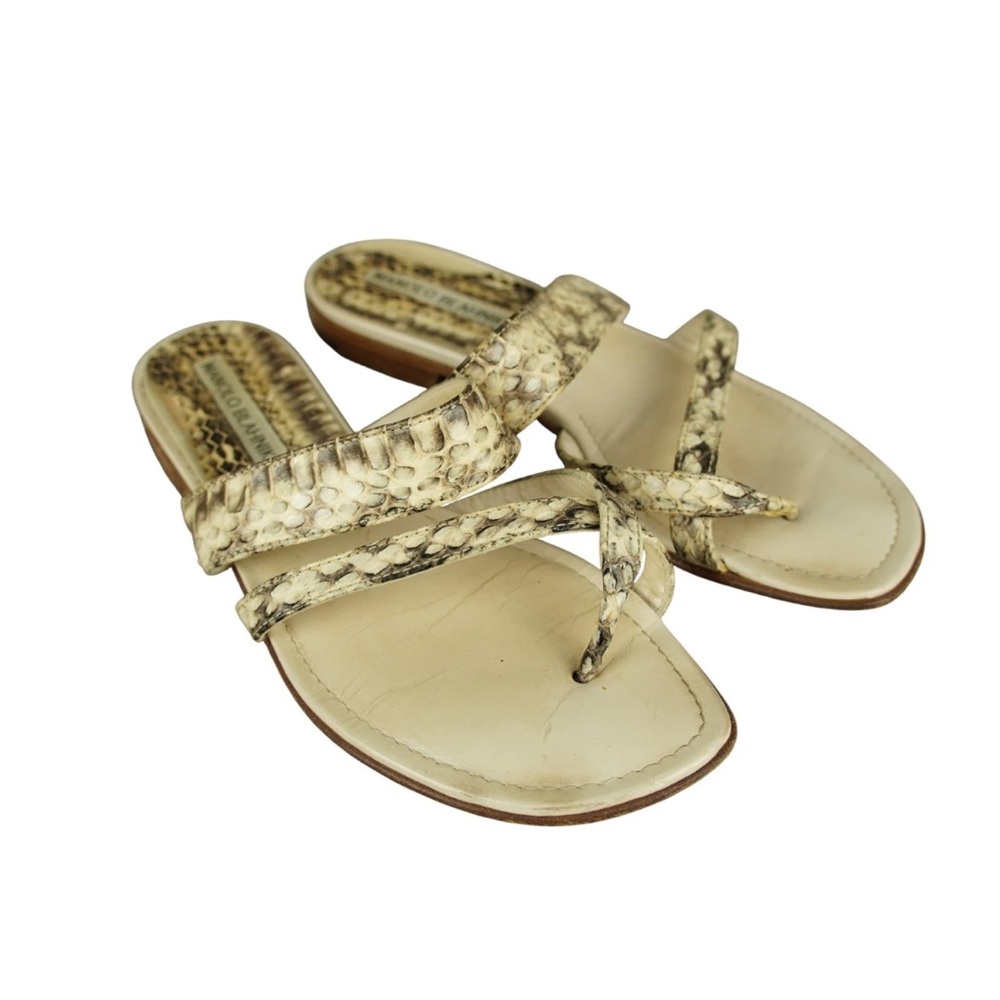 Manolo Blahnik Snak Skin Leather Animal Print Slides Womens 35.5 Beige Luxury